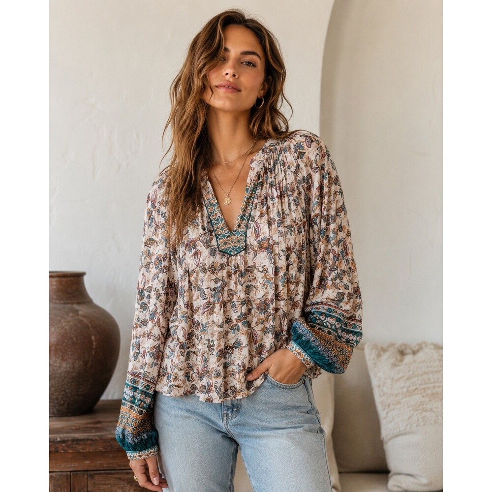 NWT Current Air Braden Top Women’s L Pink Green Floral Boho Blouse Long Sleeve